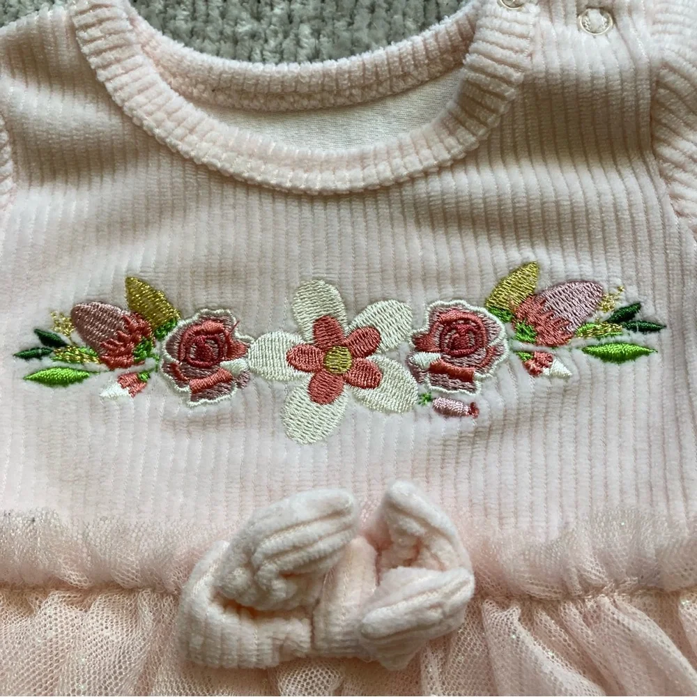 Baby Starters Pink Tulle Tutu Footie Romper 3M‎ Floral Embroidery Dressy Ballet